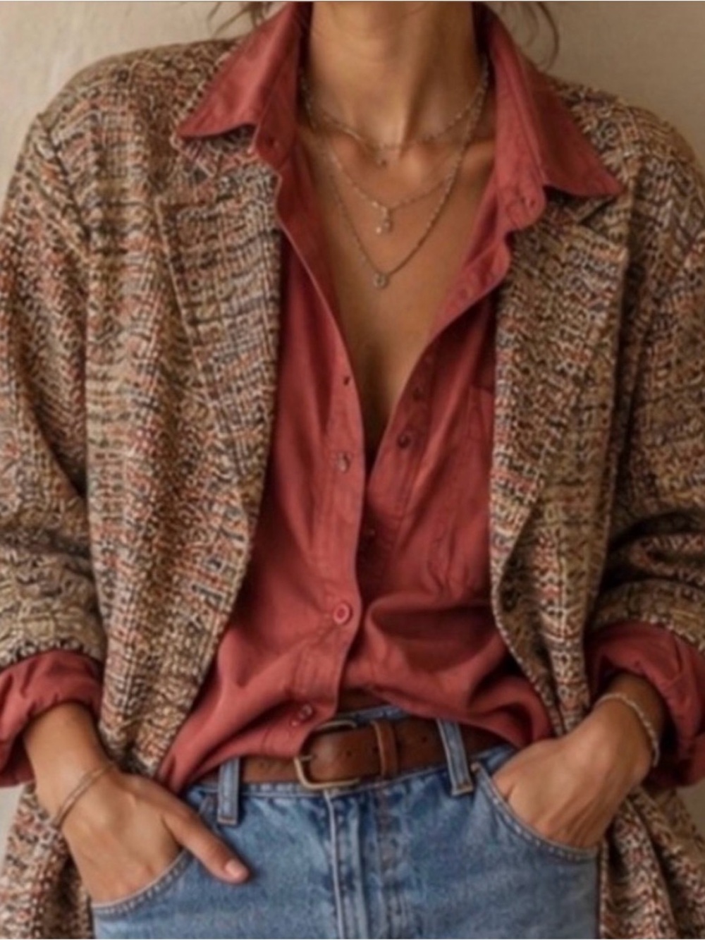 VINTAGE Coldwater Creek Multicolor Tweed Open Front Blazer w 3/4 Sleeve & Lapels